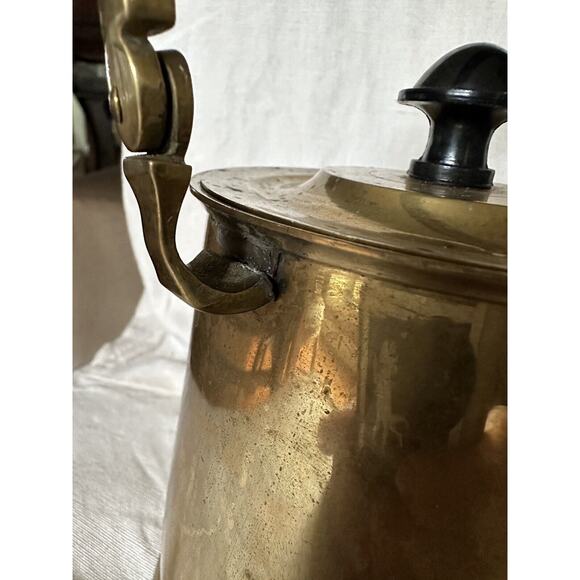 Vintage Brass Tea Pot Kettle Wood Handle Lid Attached, Flaw With The Handle - Picture 16 of 16